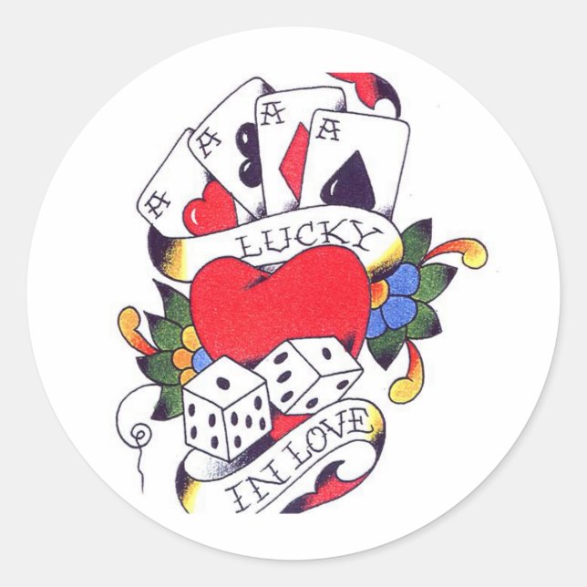 LUCKY IN LIEBE TATTOO RUNDER AUFKLEBER (Vorderseite)