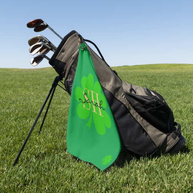 Lucky Irish Clover & Kleeblatt mit Monogramm / Gol Golfhandtuch (Gras)