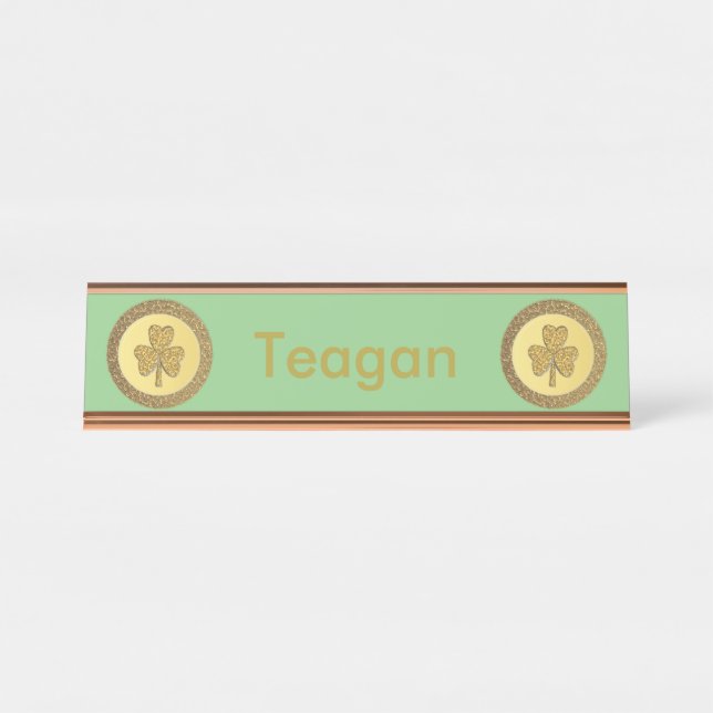 Lucky Irish Kleeblatt Gold Counter Custom Schreibtischnamensplakette (Vorderseite )