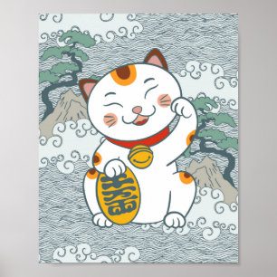 Lucky Japanisch Calico Cat   Maneki Neko Links Paw Poster