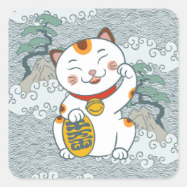 Lucky Japanisch Calico Cat | Maneki Neko Links Paw Quadratischer Aufkleber
