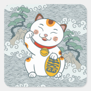 Lucky Japanisch Calico Cat   Maneki Neko Quadratischer Aufkleber