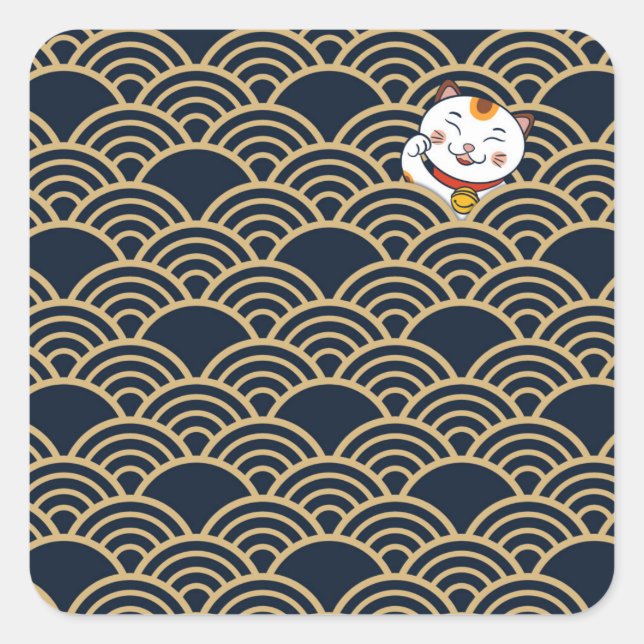 Lucky Japanisch Calico Cat | Maneki Neko Quadratischer Aufkleber (Vorderseite)