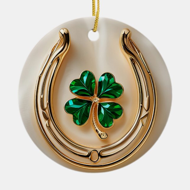 Lucky Klee mit Gold Horseshoe Keramik Ornament (Vorne)