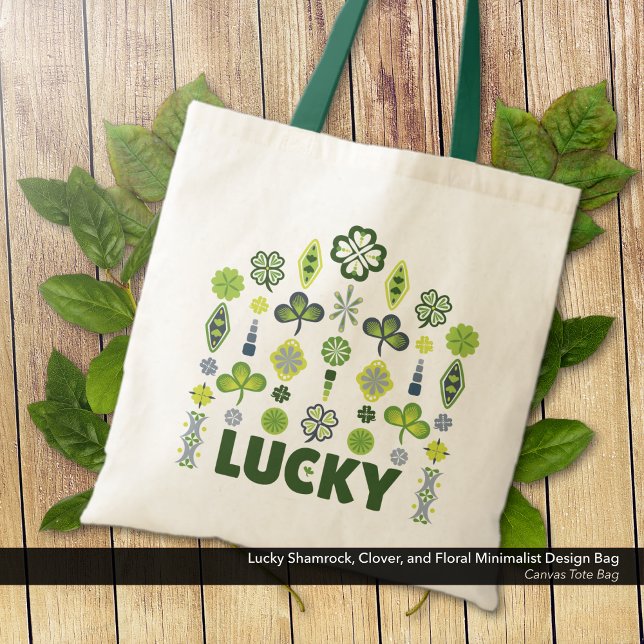 Lucky Kleeblatt Klee Bloral Minimalistisch Tragetasche (Lucky Shamrock, Clover, and Floral Minimalist Canvas Tote Bag)