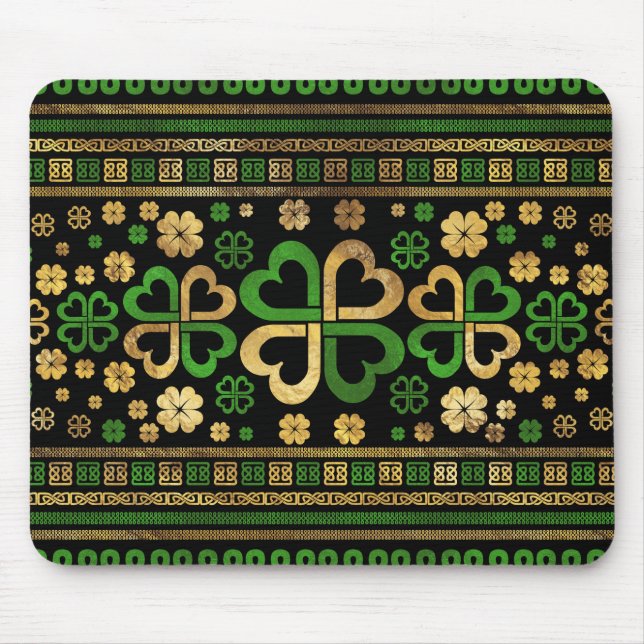 Lucky Kleeblatt Vier-Blatt Kleber Grün und Gold Mousepad (Vorne)