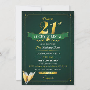 Lucky & Legal 21. Geburtstag Grün & Gold Glitter Einladung