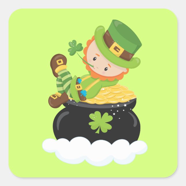 Lucky Leprechaun auf einem Topf aus Gold Quadratischer Aufkleber (Vorderseite)