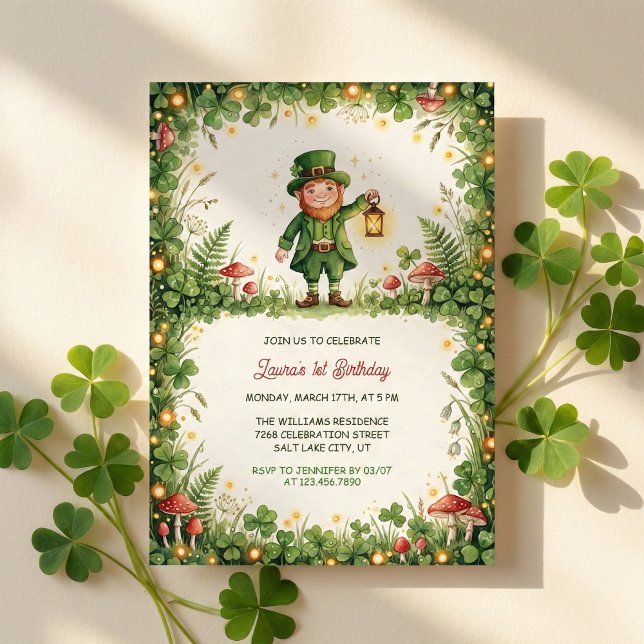 Lucky Leprechaun St Patrick First Birthday Party Einladung (Irish Leprechaun Green Shamrock Baby First Birthday Invitation Card)