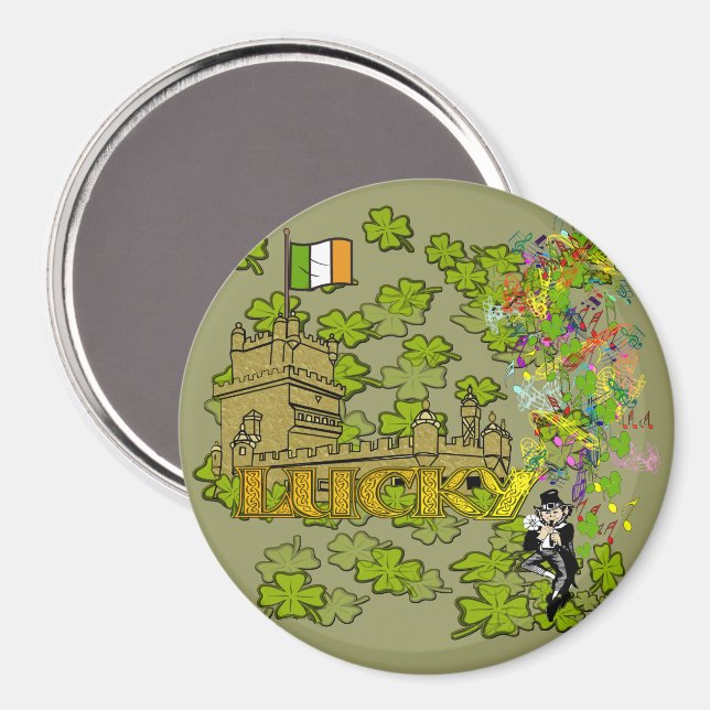 Lucky Leprechaun und seine irische Burg Magnet (Vorderseite/Rückseite)