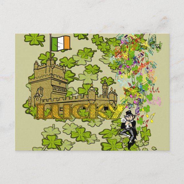 Lucky Leprechaun und seine irische Burg Postkarte (Vorderseite)