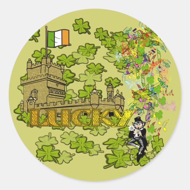 Lucky Leprechaun und seine irische Burg Runder Aufkleber (Vorderseite)