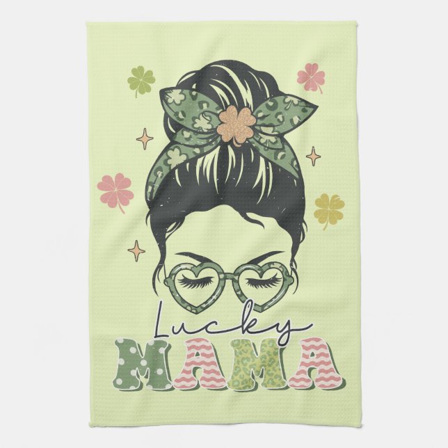 Lucky Mama - Messy Bun - Clover St. Patrick's Geschirrtuch (Vertikal)