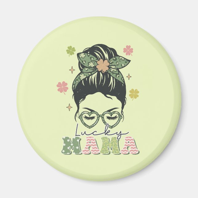 Lucky Mama - Messy Bun - Clover St. Patrick's Magnet (Vorne)