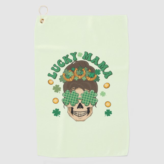 Lucky Mama Skeleton mit Klee und Hufeisen Golfhandtuch (Vorderseite)