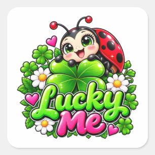 Lucky Me Ladybug Kleeblatt Quadratischer Aufkleber
