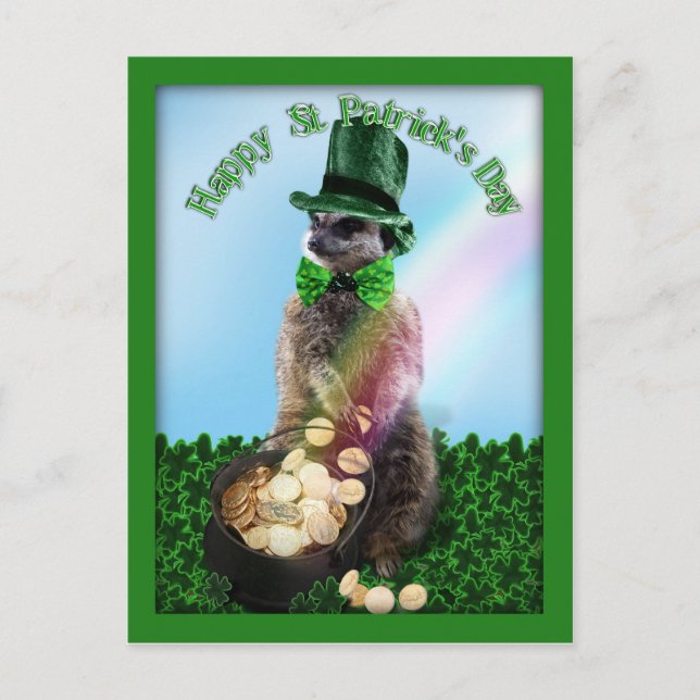 Lucky Meerkat mit Pot Of Gold St. Patrick's Day Postkarte (Vorderseite)