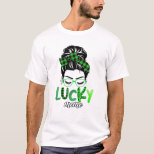 Lucky Meme Leopard Kariert Messy Bun Irish St Patr T-Shirt