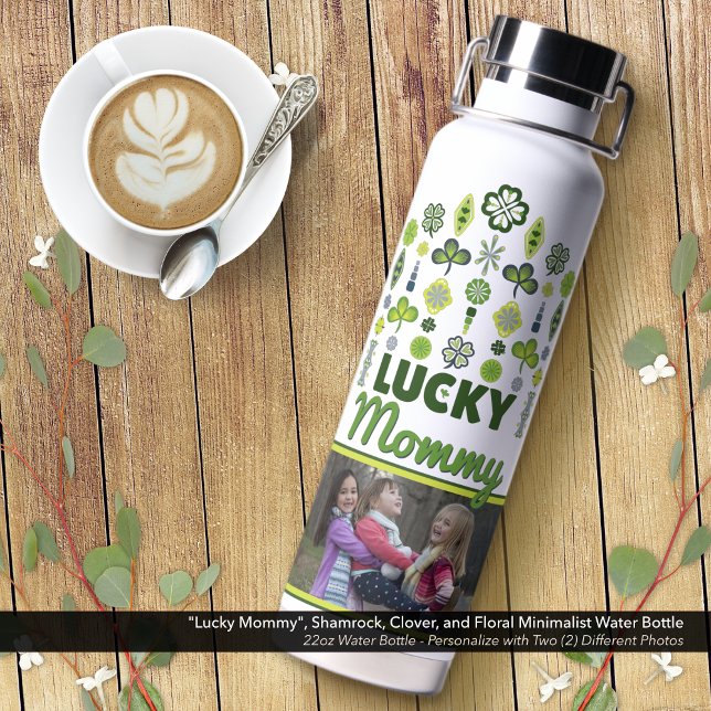 "Lucky Mommy" Kleeblatt Kleeblatt Foto Trinkflasche ("Lucky Mommy" Shamrock, Clover, and Floral Water Bottle: Personalize with Two (2) Photos.)