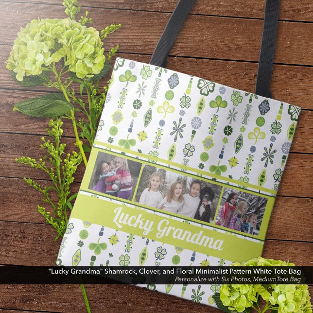 "Lucky Oma" Kleeblatt Clover Pattern Foto Tasche ("Lucky Grandma" Shamrock, Clover, and Floral Pattern Tote Bag - Personalize with Six Photos)