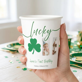 Lucky One First Birthday Shamrock Photo Party Cup Pappbecher