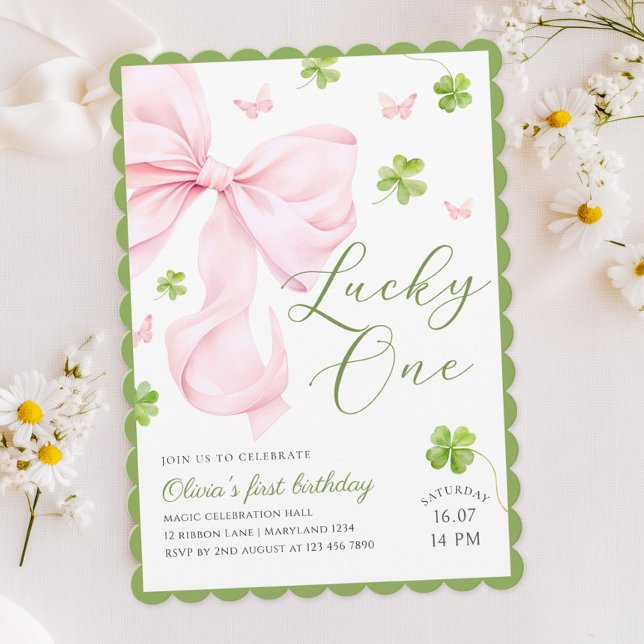 Lucky One Pink Bow 1st Birthday Invitation (Créateur téléchargé)