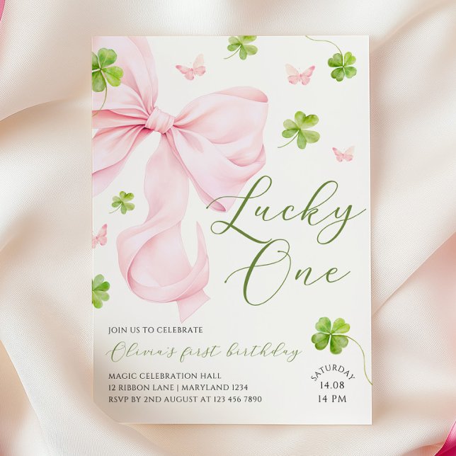 Lucky One Pink Bow 1st Birthday Invitation (Créateur téléchargé)