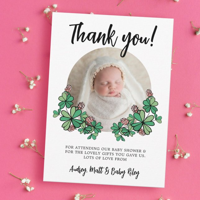 Lucky Pink Clovers Foto Girl Baby Dusche Dankeskarte (Von Creator hochgeladen)