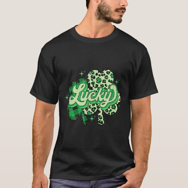 Lucky Shamrock Leopard,checkered Patricks Day Funn T-Shirt (Vorderseite)