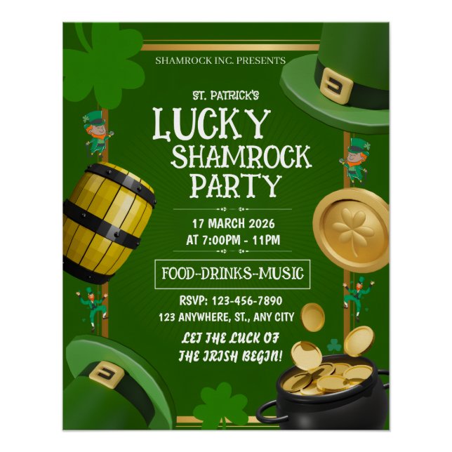 Lucky Shamrock Party St. Paddy's Day Customizable Poster (Vorderseite)