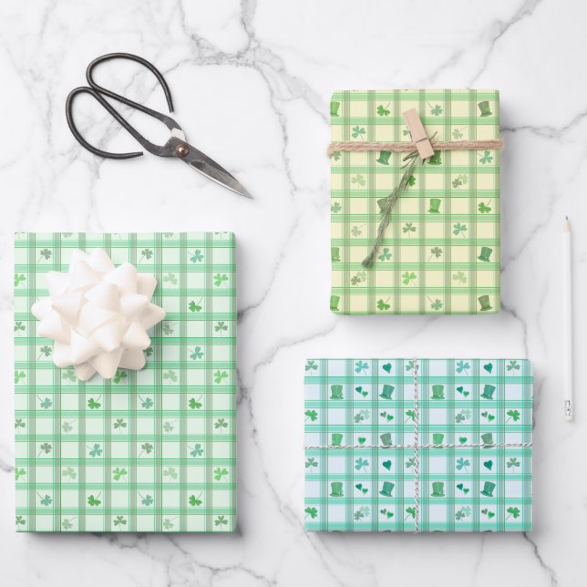 Lucky St Patricks Day Green Kariert Clove Geschenkpapier Set (Vorderseite)