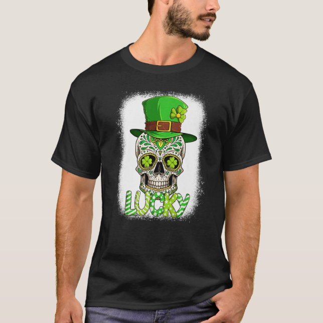 Lucky Sugar Skull Leprechaun Hat St Patrick's Day T-Shirt (Vorderseite)