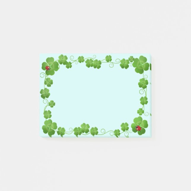 Lucky Vier-Leaf Clovers & Ladybugs auf Light Blue Post-it Klebezettel (Vorderseite)