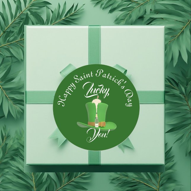 Lucky You Champagne Hat Happy Saint Patricks Day  Runder Aufkleber (Lucky You Champagne Hat Happy Saint Patricks Day Classic Round Sticker)