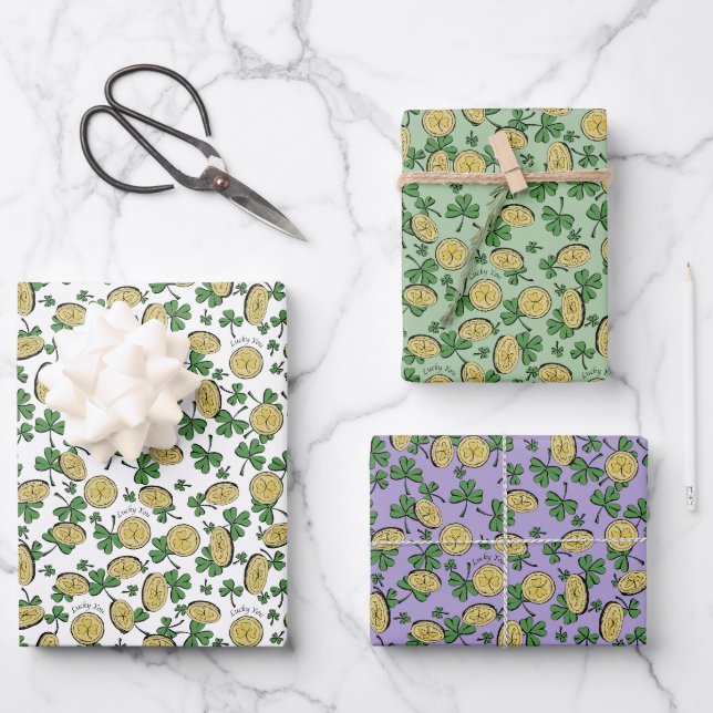 Lucky You St Patricks Day Kleeblatt Coins Cloins Geschenkpapier Set (Vorderseite)