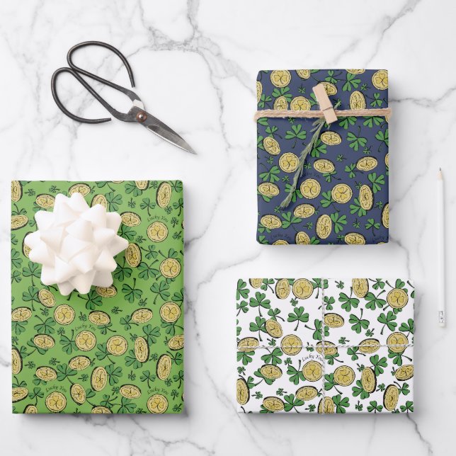 Lucky You St Patricks Day Kleeblatt Coins Cloins Geschenkpapier Set (Vorderseite)