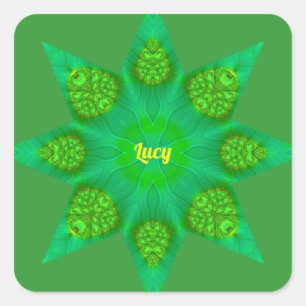 LUCY ~ WOW! Octagonal Green Star Fraktal Design ~ Quadratischer Aufkleber