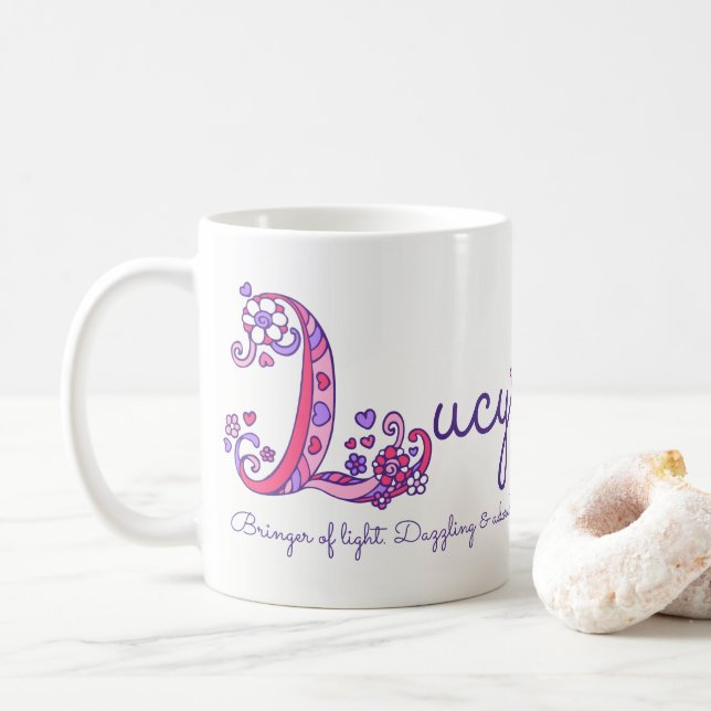 Lucynamensbedeutung dekoratives L Monogramm-Tasse Kaffeetasse (Mit Donut)