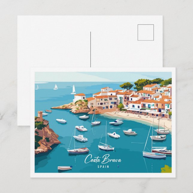 Luftaufnahme Costa Brava Spanien Illustration Reis Postkarte (Vorne/Hinten)