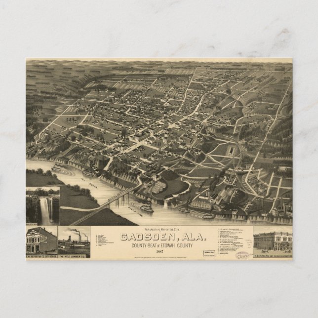 Luftaufnahme von Gadsden, Alabama (1887) Postkarte (Vorderseite)