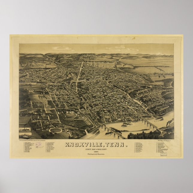 Luftaufnahme von Knoxville Tennessee aus 1886 Poster (Vorne)