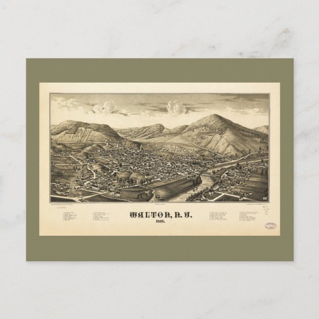 Luftaufnahme von Walton, New York (1887) Postkarte (Vorderseite)