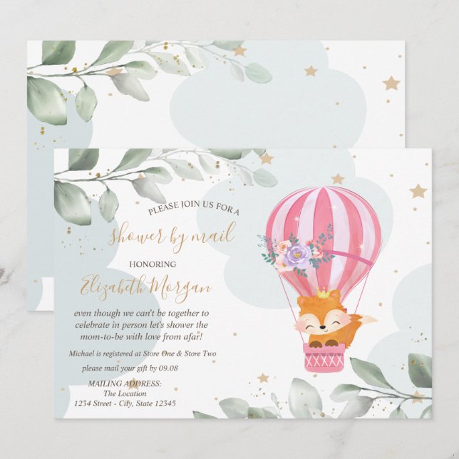 Luftballon, Fox, Wolken Babydusche per Post Einladung (Vorne/Hinten)