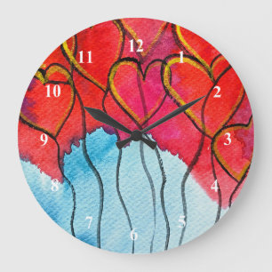 Luftballons des roten Herzens Valentine Aquarell Große Wanduhr