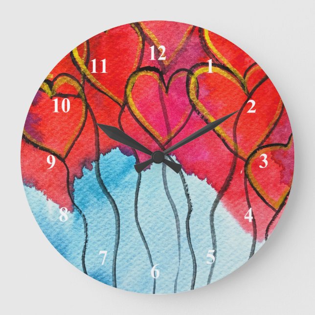 Luftballons des roten Herzens Valentine Aquarell Große Wanduhr (Vorderseite)