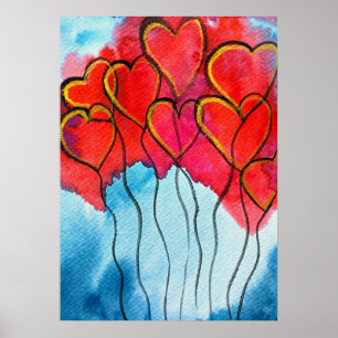 Luftballons des roten Herzens Valentine Poster