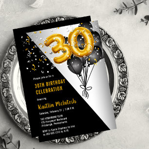 Luftballons Elegant Schwarz   Gold 30. Geburtstags Einladung