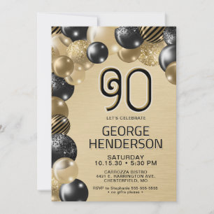 Luftballons in Gold und Schwarz zum 90. Geburtstag Einladung