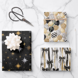 Luftballons & Schleifen Gold Schwarz Silber Weihna Geschenkpapier Set