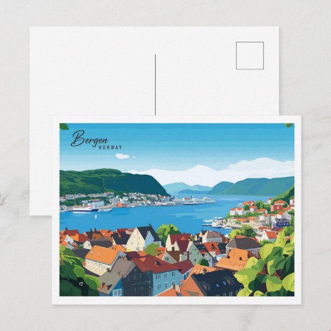 Luftbild Bergen Norwegen Illustrationsreise Postkarte (Vorne/Hinten)